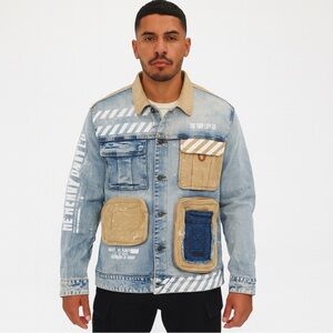 Men's Blue and Tan Denim Jacket